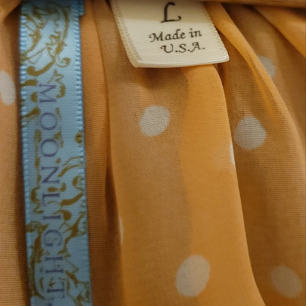 Sheer peach chiffon blouse with white polka-dots. Pearl and gold buttons. Size L - Picture 11 of 12